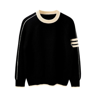 欧美潮流拼色条纹针织衫男款冬季新款休闲复古加厚保暖圆领毛衣男