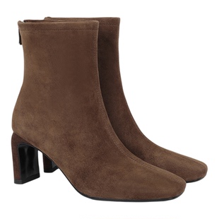 fed法式复古真皮粗跟瘦瘦靴女秋冬新款后拉链气质方头高跟小短靴