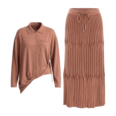 马天奴翻领长袖针织衫半裙套装