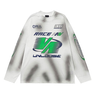 OVDY官方左奇函同款美式赛车长袖t恤男复古喷绘印花宽松圆领内搭