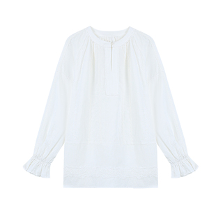 MULVAN 弗洛小镇 白色亚麻V领衬衫女宽松休闲蕾丝花边喇叭袖衫衣