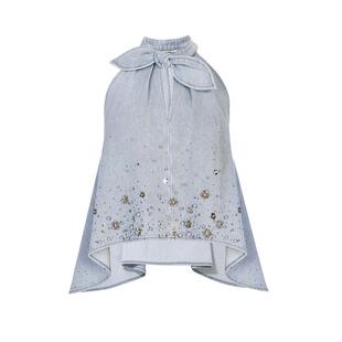 lefame拉飞姆时尚航海系穿搭兔耳朵蝴蝶结设计水洗牛仔上衣