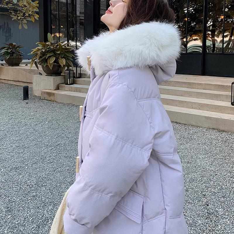 300斤大码女装胖mm紫色大毛领加厚棉服女韩系长款过膝温柔系外套