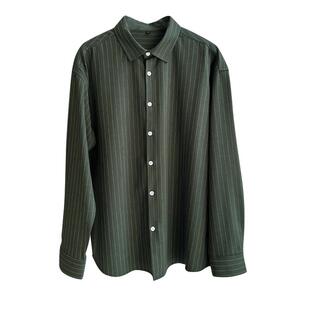 丝滑复古轻熟港风免烫抗皱宽松春秋男长袖条纹衬衫高级垂感墨绿色