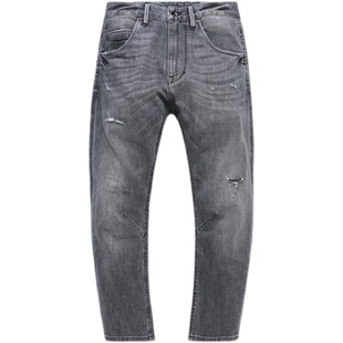 新款牛仔ABLE JEANS男潮牌夏季小脚复古宽松破洞八分灰色牛仔裤男