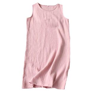 背心睡裙夏季薄款女水洗棉夏裙纯棉睡衣裙子夏天圆领中裙套头无袖