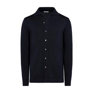 SUITSUPPLY藏青色Polo开襟衫男士长袖棉桑蚕丝混纺