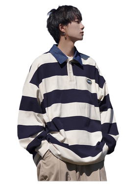 日系Cityboy条纹翻领卫衣男