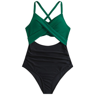 新款性感镂空大胸大码泳衣微胖mm遮肉连体200斤三角显瘦女孩绿色