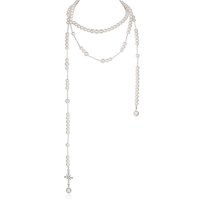 1JINN M2M 复古珍珠叠戴气质双层拼接项链十字架长款毛衣链配饰