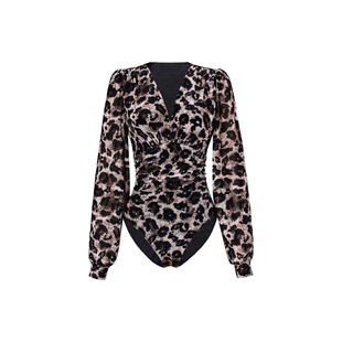 XULU原创秋季豹纹植绒网纱时髦优雅修身褶皱灯笼袖V领打底上衣