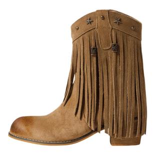 复古真皮金属铆钉粗跟短靴女款流苏西部牛仔靴2025新款时尚踝靴子