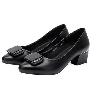 正品上海登云女鞋春秋百搭职业粗跟舒适小尖头真皮韩版女式单鞋子