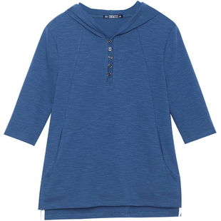 带帽宽松纯棉中袖t恤女上衣七分袖中年妈妈卫衣五分袖全棉连帽衫