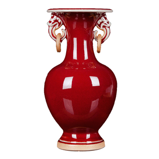 景德镇陶瓷器 仿古钧瓷郎红双耳小花瓶 客厅中式博古架工艺品摆件