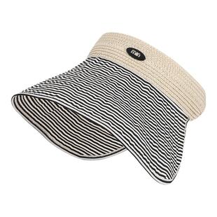 夏季环绕式大檐防晒帽子女韩版时尚条纹空顶帽户外出游草编遮阳帽