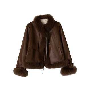 ENJOYME 商场同款狐狸毛领皮毛一体外套女冬季新款短款咖啡色皮草