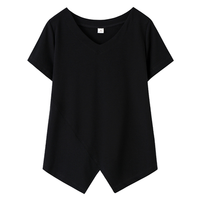 黑色修身V领短袖t恤女设计感小众
