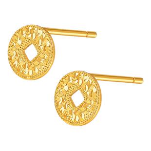 潮港福18K金金钱币碎冰冰耳钉 女纯银岁岁多金耳饰黄金碎碎金潮流