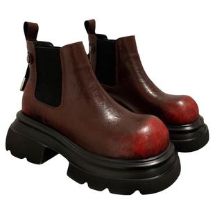 真皮擦色厚底套筒烟筒短靴女2025年新款复古圆头百搭切尔西马丁靴