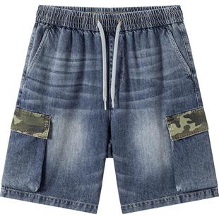 森柔牛仔|森马牛仔中裤男复古水洗工装短裤oversize夏季五分裤潮