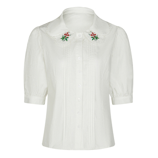 Ching's复古双层领绣花上衣 五分袖泡泡灯笼袖可爱通勤棉布白衬衫