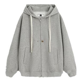 Bobbybecky美式复古休闲连帽厚卫衣宽松灰色拉链开衫夹绒上衣两穿