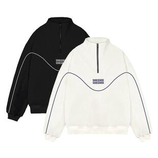 SoulSense潮牌春秋宽松撞色走线男女同款分割半拉索高领套头卫衣