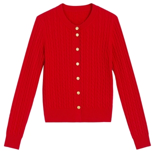 YINER音儿2026春季新款优雅绞花肌理圆领单排扣阿拉善羊绒针织衫