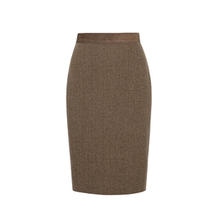 VER TOW深棕色羊皮拼接一步裙 复古老钱风羊毛通勤半身裙高级感