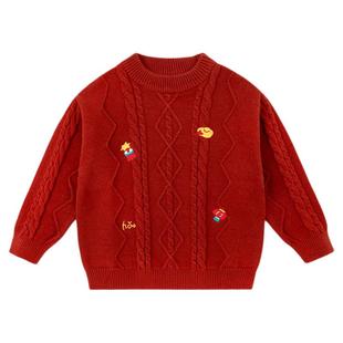 嘟嘟家男童毛衣冬季儿童拜年服红色上衣拜年服女童毛线衣小宝宝冬