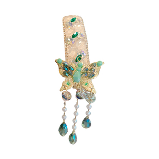 新中式绿色闪钻蝴蝶流苏发夹民族风森系小清新前额侧边夹子头饰