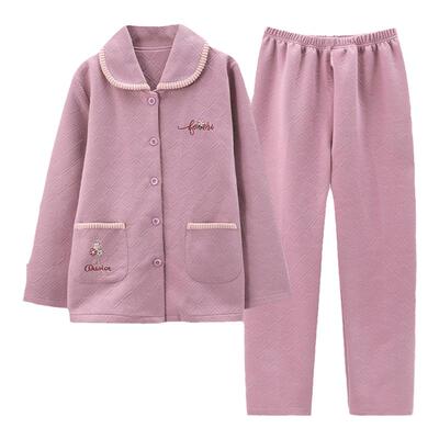 秋冬中老年空气棉夹层长袖睡衣女