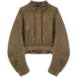 LAGOGO麂皮绒琥珀流光风外套女拉谷谷2026春款军绿色蝙蝠袖夹克