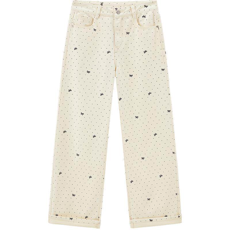 乐町蝴蝶结波点图案牛仔裤2025秋季新款直筒长裤高腰窄版阔腿裤子