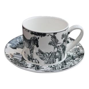 法式咖啡杯碟套装复古黑白陶瓷杯子托盘小众下午茶马克杯英式茶杯