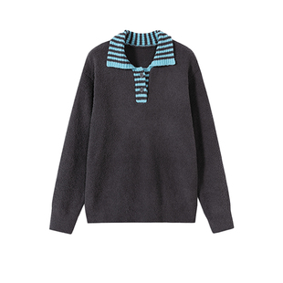 AR条纹polo领半边绒家居服可外穿秋冬保暖上衣休闲针织衫睡衣套装