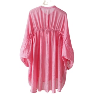 夏季宽松圆领苎麻薄款纯色沙滩防晒透气中长款衬衫防晒衣 4SP173