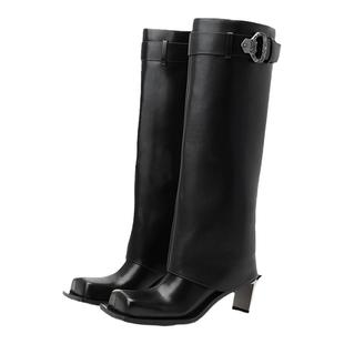 戴燕妮同款DAPHNELAB方糖裤管高跟靴复古金属高跟靴安可拉红色靴