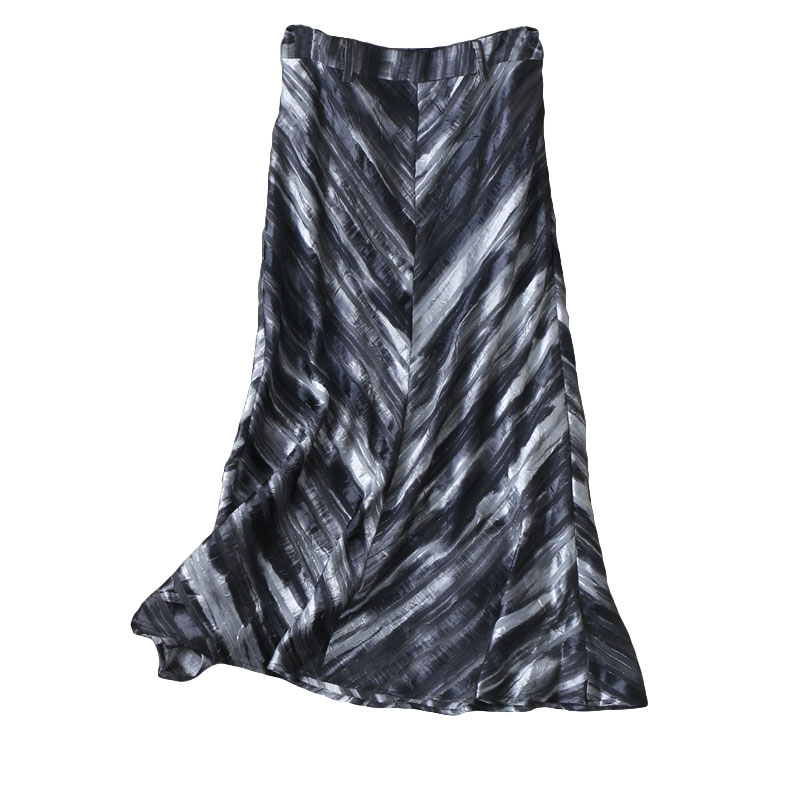 法式浪漫~轻薄水墨多层次面料斜裁条纹微鱼尾高腰小A中长半身裙夏