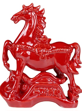 洛阳唐三彩陶瓷红马马到成功摆件