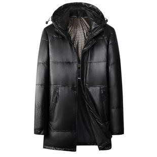 海宁山羊皮真皮大衣高端男装中长款连帽鹅绒服冬季加厚保暖外套潮