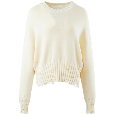 【MARKGONG】设计感时尚气质高级流行独特米色圆领破洞套头针织衫