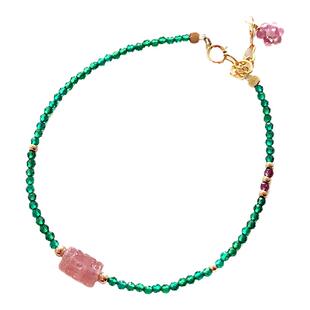 瑞铺原创 天然回纹珠粉红碧玺桶珠+祖母绿手链女 项链 招财旺桃花