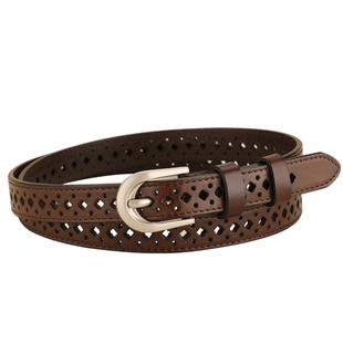 皮带女免打孔头层牛皮镂空百搭腰带女细真皮牛仔裤带夏季咖色简约