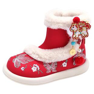 官网C&K汉服鞋子女童春季新款红色过年儿童雪地靴加绒保暖古风鞋