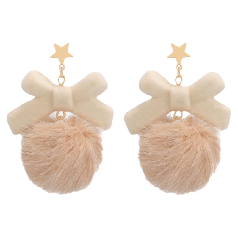 秋冬耳饰毛绒球耳夹女无耳洞温柔奶茶色蝴蝶结耳钉耳环茶系耳夹