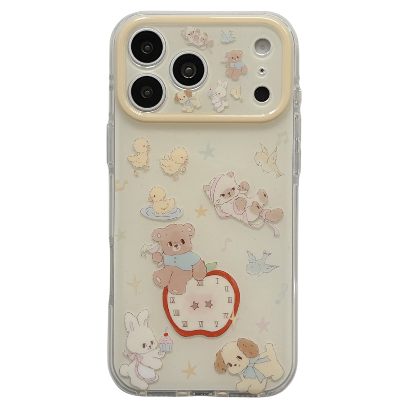 jze 韩风奶黄可爱小动物时钟插画适用苹果17ProMax手机壳iphone16pro新款17女15pro双层14全包防摔手机套创意