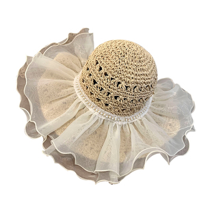 蕾丝草编太阳帽子女大帽檐夏季透气草帽海边遮全脸遮阳防晒帽子潮