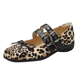 MILLIE'S/妙丽法式复古豹纹春季玛丽珍鞋双带扣平底防水单鞋Z